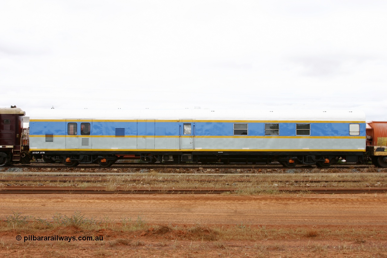 051101 6470
Parkeston, South Spur Rail AVDP type crew accommodation coach AVDP 277, built for the Commonwealth Railways by Comeng NSW as a brake van with sleeping accommodation as HRD type HRD 277 in 1971, modified for relay working in 1977, recoded to AVDY in 1983, then in 2002 leased for MurrayLander service before being sold to South Spur Rail and in this livery from mid 2005.
Keywords: AVDP-type;AVDP277;Comeng-NSW;HRD-type;HRD277;AVDY-type;