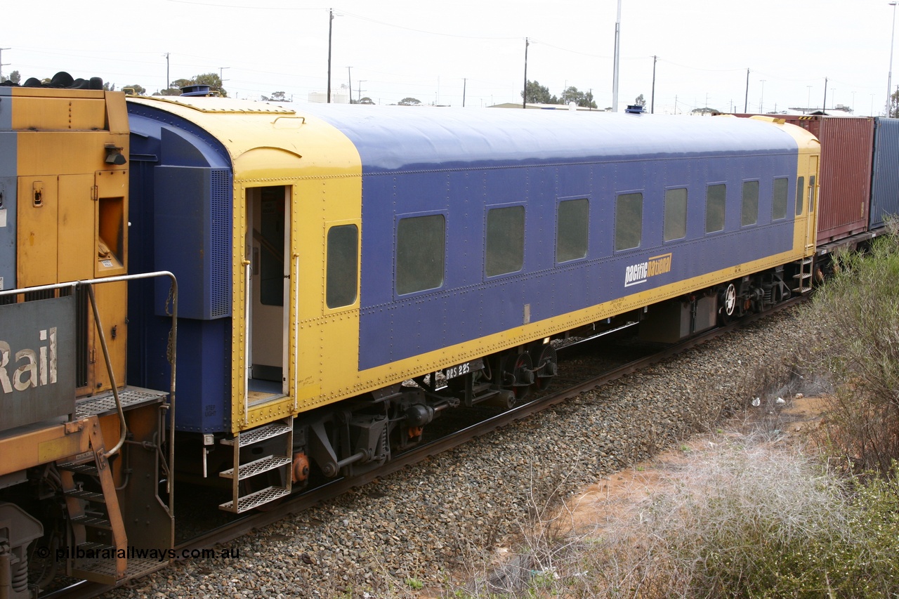 051101 6513
West Kalgoorlie, Pacific National BRS type crew accommodation coach BRS 225, originally built by Victorian Railways Newport Workshops in November 1937 as a rivetted second class sitting car for the Spirit of Progress, in August 1939 coded to BS type BS 4, in July 1977 converted to a mini buffet and coded MRS 1 and then in October 1983 recoded to BRS 225. Painted in V/Line livery in 1992. Ended up with West Coast Railway in the late 1990s, painted in WCR livery Sept 2001, prior to Pacific National ownership and conversion to a crew car.
Keywords: BRS-type;BRS225;Victorian-Railways-Newport-WS;BS-type;BS4;MRS-type;MRS1;