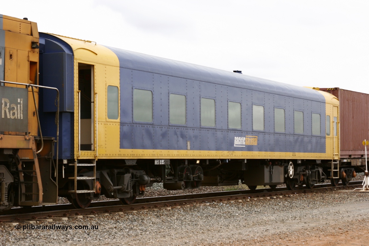 051101 6526
Parkeston, Pacific National BRS type crew accommodation coach BRS 225, originally built by Victorian Railways Newport Workshops in November 1937 as a rivetted second class sitting car for the Spirit of Progress, in August 1939 coded to BS type BS 4, in July 1977 converted to a mini buffet and coded MRS 1 and then in October 1983 recoded to BRS 225. Painted in V/Line livery in 1992. Ended up with West Coast Railway in the late 1990s, painted in WCR livery Sept 2001, prior to Pacific National ownership and conversion to a crew car.
Keywords: BRS-type;BRS225;Victorian-Railways-Newport-WS;BS-type;BS4;MRS-type;MRS1;