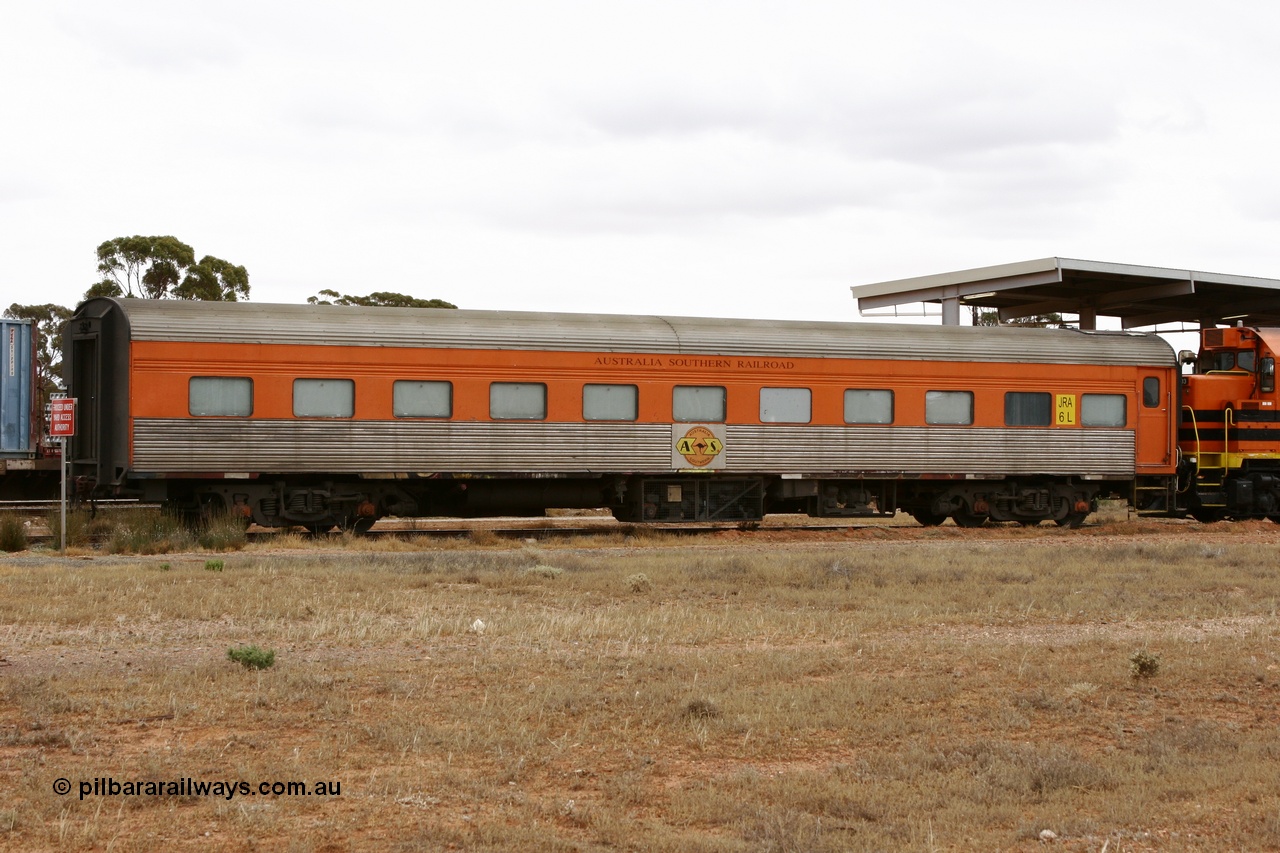 051101 6578
Parkeston, Australian Southern Railroad JRA type crew accommodation coach JRA 6, originally built in 1958 by SAR Islington as corten steel V&SAR Joint Stock roomette sleeping car Tarkinji for The Overland. Recoded to JRA 6 1987. Written off and sold in 1995. Converted to ASR crew car 1999. It is now ADFY 6 with GWA and no longer has the fluted sides.
Keywords: JRA-type;JRA6;SAR-Islington-WS;Tarkinji;