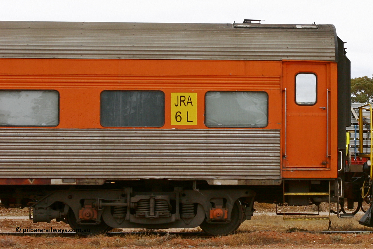 051101 6583
Parkeston, Australian Southern Railroad JRA type crew accommodation coach JRA 6, originally built in 1958 by SAR Islington as corten steel V&SAR Joint Stock roomette sleeping car Tarkinji for The Overland. Recoded to JRA 6 1987. Written off and sold in 1995. Converted to ASR crew car 1999. It is now ADFY 6 with GWA and no longer has the fluted sides.
Keywords: JRA-type;JRA6;SAR-Islington-WS;Tarkinji;