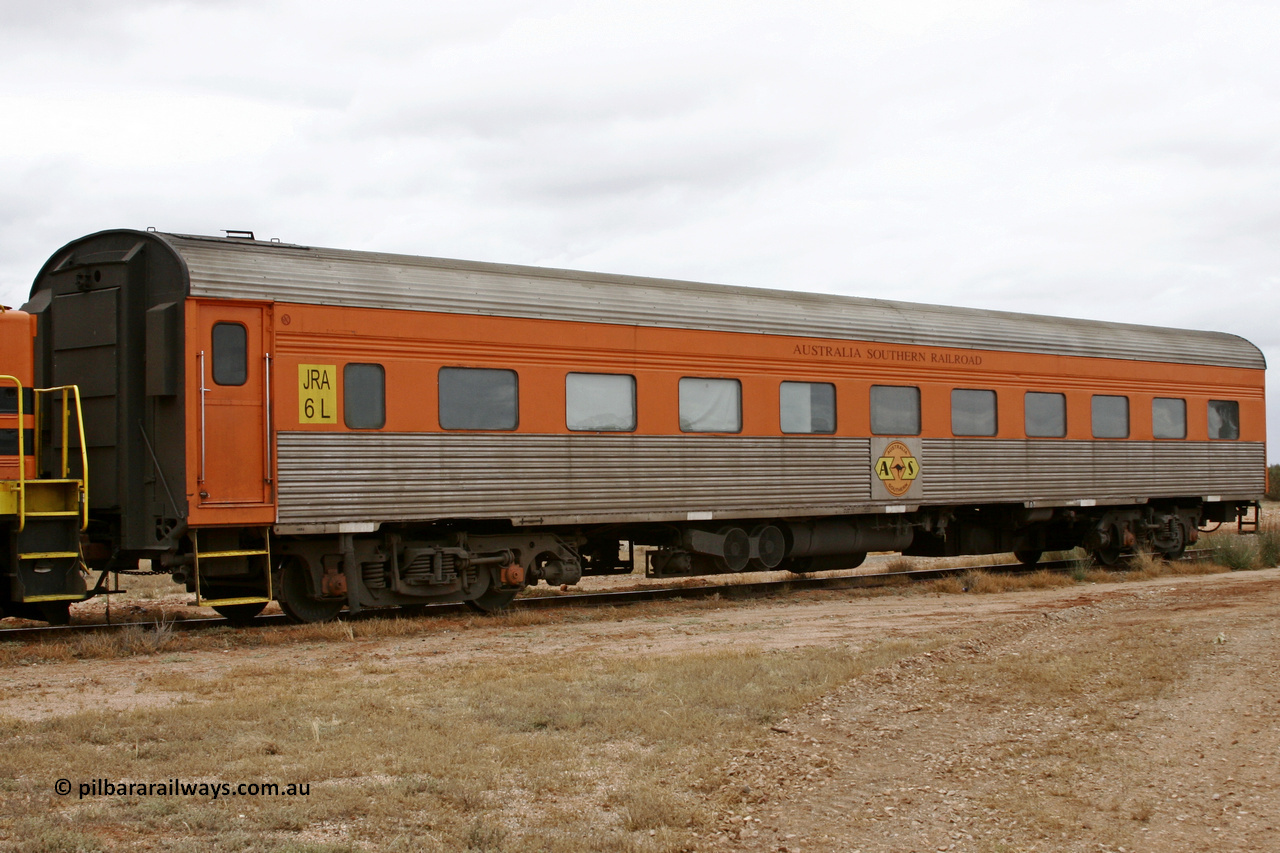 051101 6601
Parkeston, Australian Southern Railroad JRA type crew accommodation coach JRA 6, originally built in 1958 by SAR Islington as corten steel V&SAR Joint Stock roomette sleeping car Tarkinji for The Overland. Recoded to JRA 6 1987. Written off and sold in 1995. Converted to ASR crew car 1999. It is now ADFY 6 with GWA and no longer has the fluted sides.
Keywords: JRA-type;JRA6;SAR-Islington-WS;Tarkinji;
