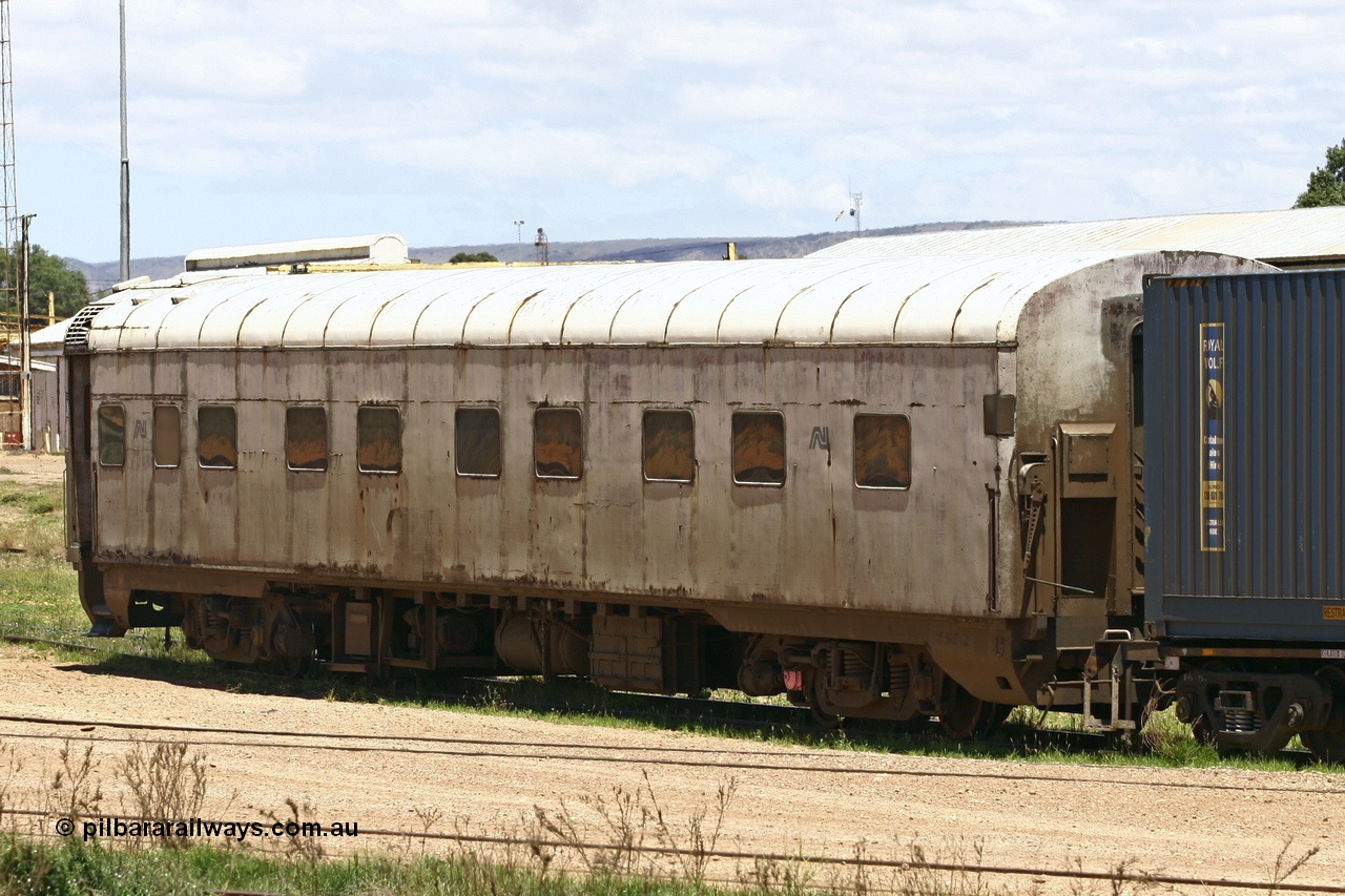 051103 6699
Spencer Junction yard, ECA 162 built by Comeng NSW in 1964 for Commonwealth Railways as a BRE type second class, air conditioned, twin berth staggered corridor steel sleeping car BRE 162. Converted to ECA type crew car in 1991. Seen here under GWA ownership on loan to Pacific National and in use on East-West freighters. Finally it was scrapped at Dry Creek in December 2014.
Keywords: ECA-type;ECA162;Comeng-NSW;BRE-type;BRE162;