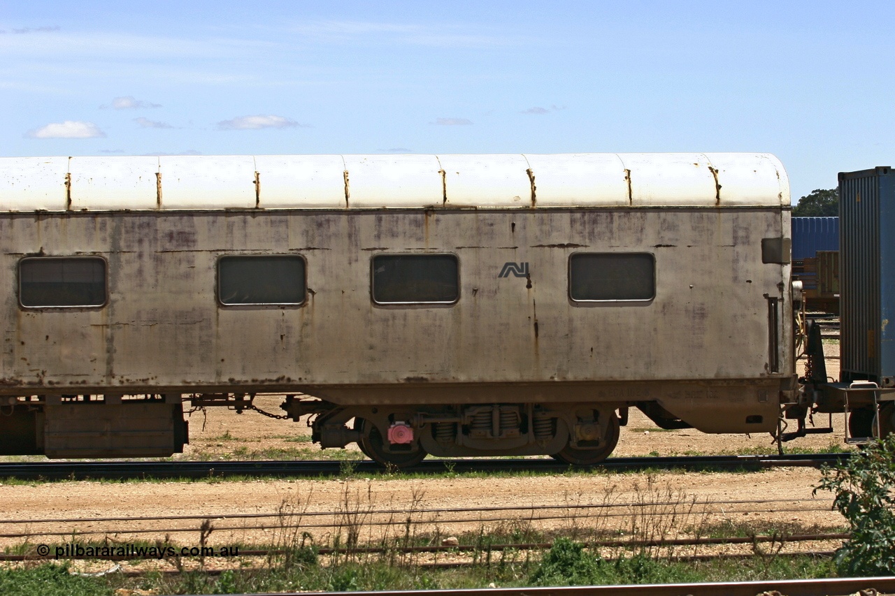 051103 6702
Spencer Junction yard, ECA 162 built by Comeng NSW in 1964 for Commonwealth Railways as a BRE type second class, air conditioned, twin berth staggered corridor steel sleeping car BRE 162. Converted to ECA type crew car in 1991. Seen here under GWA ownership on loan to Pacific National and in use on East-West freighters. Finally it was scrapped at Dry Creek in December 2014.
Keywords: ECA-type;ECA162;Comeng-NSW;BRE-type;BRE162;