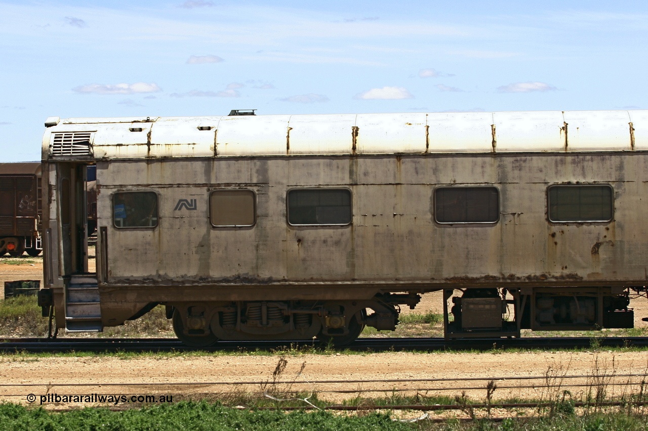 051103 6703
Spencer Junction yard, ECA 162 built by Comeng NSW in 1964 for Commonwealth Railways as a BRE type second class, air conditioned, twin berth staggered corridor steel sleeping car BRE 162. Converted to ECA type crew car in 1991. Seen here under GWA ownership on loan to Pacific National and in use on East-West freighters. Finally it was scrapped at Dry Creek in December 2014.
Keywords: ECA-type;ECA162;Comeng-NSW;BRE-type;BRE162;