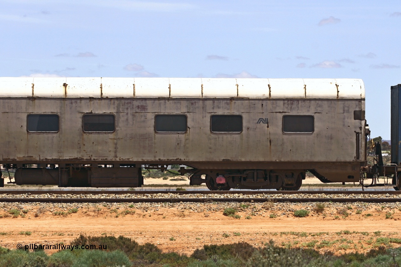 051103 6726
Spencer Junction yard, ECA 162 built by Comeng NSW in 1964 for Commonwealth Railways as a BRE type second class, air conditioned, twin berth staggered corridor steel sleeping car BRE 162. Converted to ECA type crew car in 1991. Seen here under GWA ownership on loan to Pacific National and in use on East-West freighters. Finally it was scrapped at Dry Creek in December 2014.
Keywords: ECA-type;ECA162;Comeng-NSW;BRE-type;BRE162;