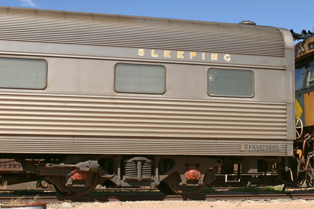 060107 1783
Spencer Junction yard, Pacific National FAM type crew accommodation coach FAM 2389 on train 6MP4, built for the NSWGR by Comeng NSW in 1976 as part of a batch of ten FAM type twinette sleeper cars, FAM 2389 was also the Lithgow breakdown train accommodation car for a time, converted to a crew car by Bluebird Rail at Islington in September 2005.
Keywords: FAM-type;FAM2389;Comeng-NSW;