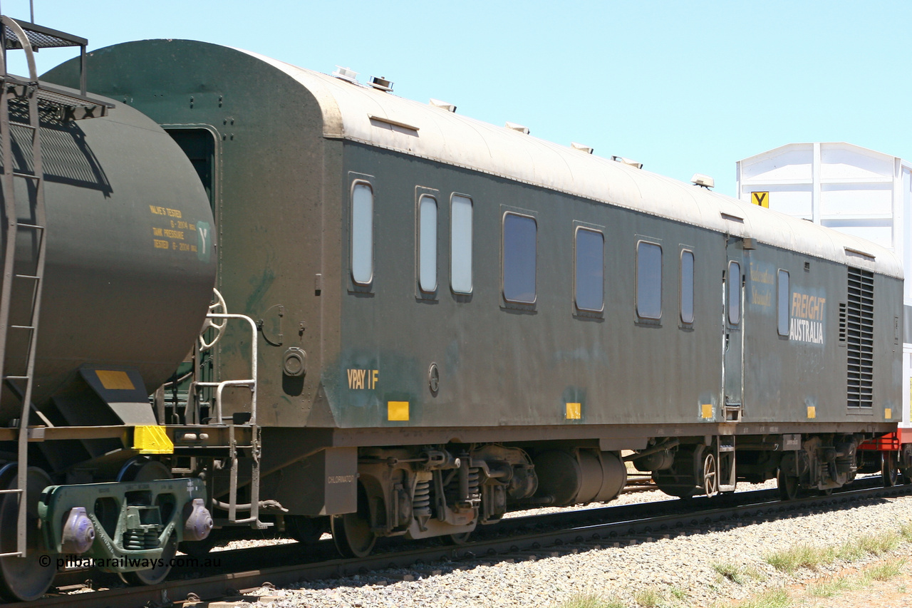 060107 1863
Winninowie, SCT VPAY type crew accommodation car VPAY 1 'Federation Straight' on train 6MP9, built by Tulloch Ltd NSW in 1968 as a narrow gauge brake van with sleeping accommodation as NHRD type NHRD 78, converted to standard gauge in 1981 and coded HRD type HRD 360. Sold to WCR, then in October 2000 overhauled for crew car use and coded VPAY 1 on SCT services and owned by Freight Australia. Was later sold to Pacific National and subsequently scrapped 2016.
Keywords: VPAY-type;VPAY1;Tulloch-Ltd-NSW;NHRD-type;NHRD78;HRD-type;HRD360;AVDY-type;AVDP-type;