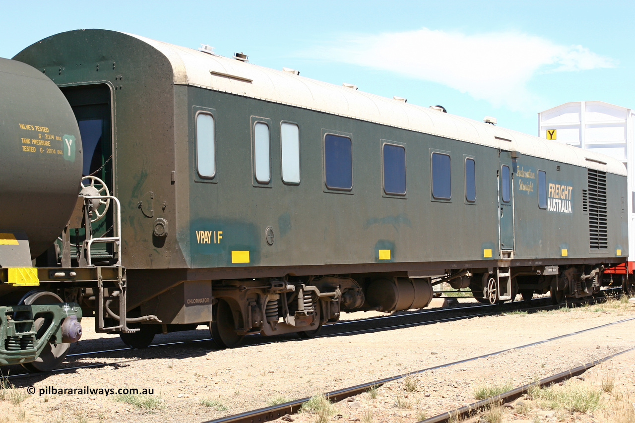 060107 1878
Spencer Junction, SCT VPAY type crew accommodation car VPAY 1 'Federation Straight' on train 6MP9, built by Tulloch Ltd NSW in 1968 as a narrow gauge brake van with sleeping accommodation as NHRD type NHRD 78, converted to standard gauge in 1981 and coded HRD type HRD 360. Sold to WCR, then in October 2000 overhauled for crew car use and coded VPAY 1 on SCT services and owned by Freight Australia. Was later sold to Pacific National and subsequently scrapped 2016.
Keywords: VPAY-type;VPAY1;Tulloch-Ltd-NSW;NHRD-type;NHRD78;HRD-type;HRD360;AVDY-type;AVDP-type;