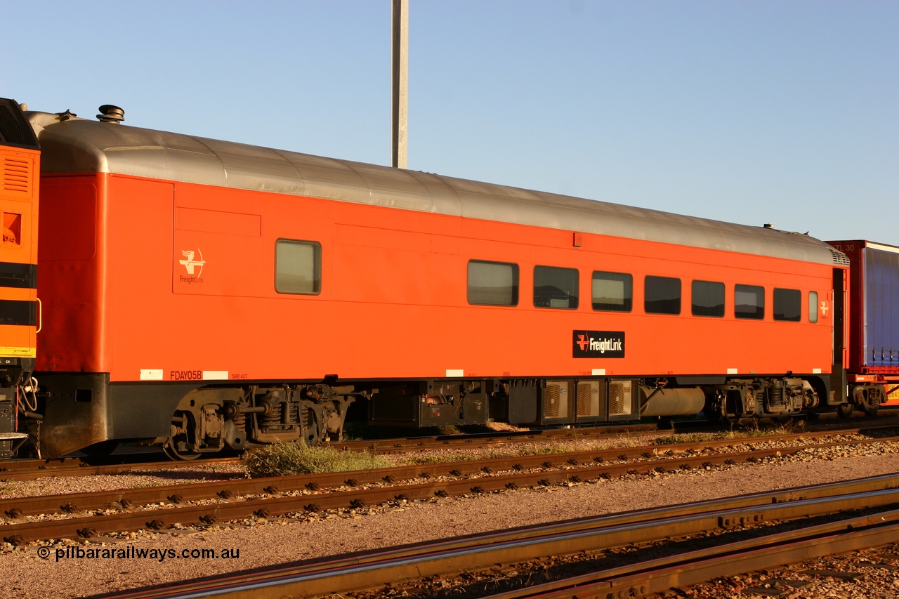 060107 1971
Spencer Junction yard, FreightLink FDAY type crew accommodation car FDAY 05 on train 7AD1, built by SAR Islington Workshops as a Bluebird second class railcar in 1956 and named 'Kookaburra'. Written off in 1995 and later bought by Bluebird Rail Systems and converted to crew car for FreightLink in 2003.
Keywords: FDAY-type;FDAY05;SAR-Islington-WS;Bluebird;256;