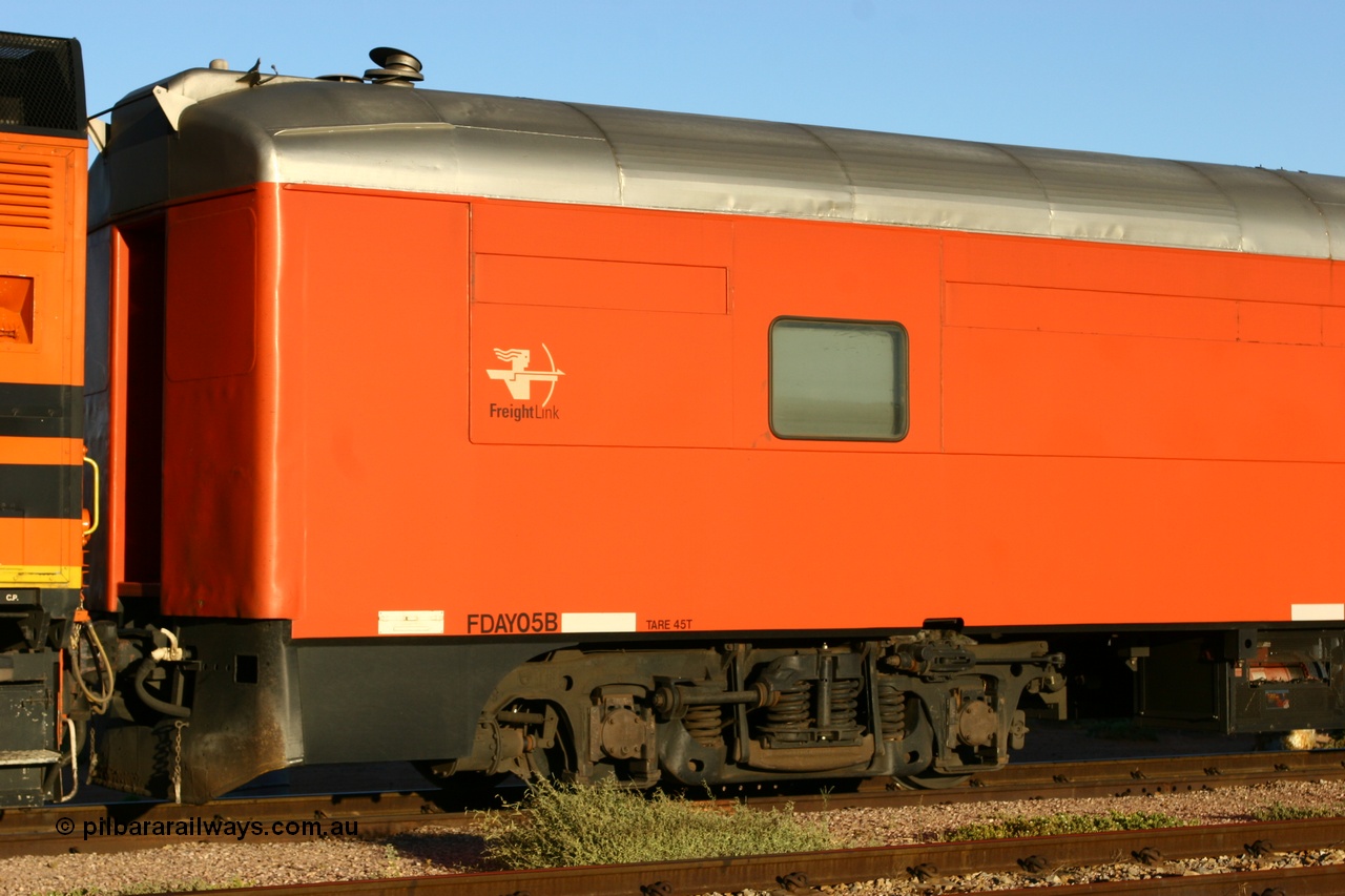 060107 1972
Spencer Junction yard, FreightLink FDAY type crew accommodation car FDAY 05 on train 7AD1, built by SAR Islington Workshops as a Bluebird second class railcar in 1956 and named 'Kookaburra'. Written off in 1995 and later bought by Bluebird Rail Systems and converted to crew car for FreightLink in 2003.
Keywords: FDAY-type;FDAY05;SAR-Islington-WS;Bluebird;256;