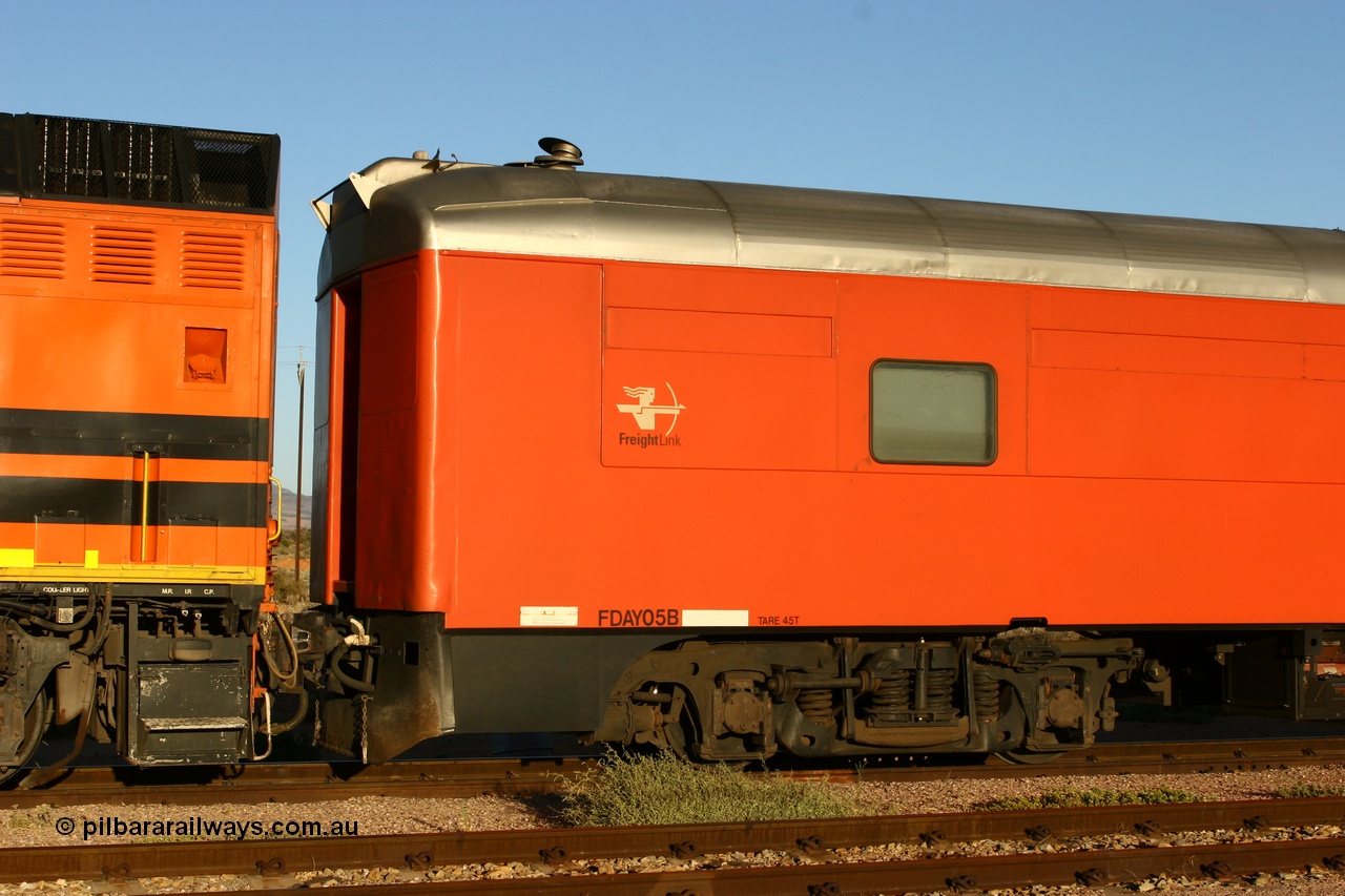 060107 1973
Spencer Junction yard, FreightLink FDAY type crew accommodation car FDAY 05 on train 7AD1, built by SAR Islington Workshops as a Bluebird second class railcar in 1956 and named 'Kookaburra'. Written off in 1995 and later bought by Bluebird Rail Systems and converted to crew car for FreightLink in 2003.
Keywords: FDAY-type;FDAY05;SAR-Islington-WS;Bluebird;256;