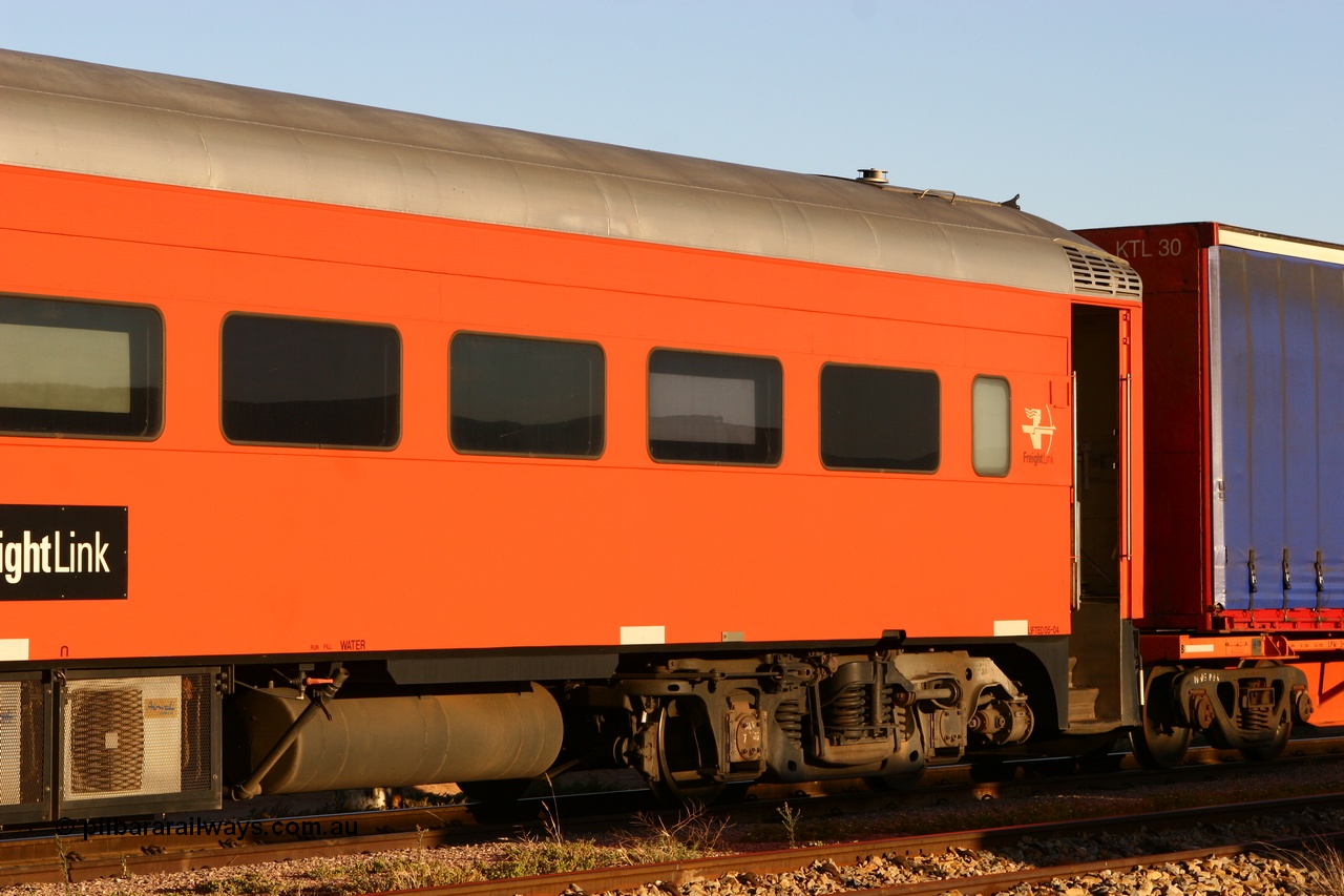 060107 1975
Spencer Junction yard, FreightLink FDAY type crew accommodation car FDAY 05 on train 7AD1, built by SAR Islington Workshops as a Bluebird second class railcar in 1956 and named 'Kookaburra'. Written off in 1995 and later bought by Bluebird Rail Systems and converted to crew car for FreightLink in 2003.
Keywords: FDAY-type;FDAY05;SAR-Islington-WS;Bluebird;256;
