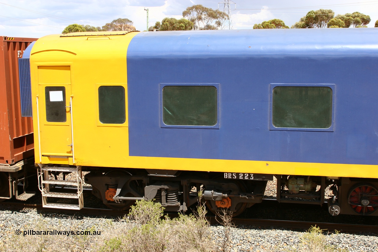 060116 2639
West Kalgoorlie, Pacific National BRS type crew accommodation coach BRS 223, originally built by Victorian Railways Newport Workshops in November 1949 as an AS type first class sitting car for the Spirit of Progress AS 12, in July 1953 converted to The Overland traffic as ABS type ABS 1 then in October 1972 converted back to AS 12, in June 1983 converted to a combined sitting accommodation and a mini refreshment service as BRS type BRS 3, then in September 1985 renumbered to BRS 223. Sold to West Coast Railway mid 1990s, converted to crew car after 2005.
Keywords: BRS-type;BRS223;Victorian-Railways-Newport-WS;AS-type;AS12;ABS-type;ABS1;BRS-type;BRS3;