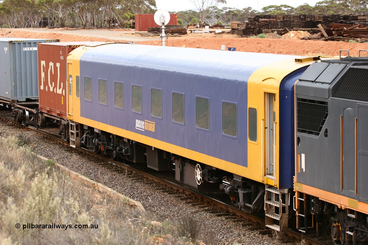 060116 2700
West Kalgoorlie, Pacific National BRS type crew accommodation coach BRS 223, originally built by Victorian Railways Newport Workshops in November 1949 as an AS type first class sitting car for the Spirit of Progress AS 12, in July 1953 converted to The Overland traffic as ABS type ABS 1 then in October 1972 converted back to AS 12, in June 1983 converted to a combined sitting accommodation and a mini refreshment service as BRS type BRS 3, then in September 1985 renumbered to BRS 223. Sold to West Coast Railway mid 1990s, converted to crew car after 2005.
Keywords: BRS-type;BRS223;Victorian-Railways-Newport-WS;AS-type;AS12;ABS-type;ABS1;BRS-type;BRS3;