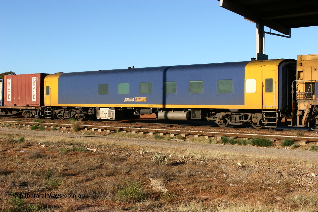 060528 4151
Parkeston, Pacific National BRS type crew accommodation coach BRS 221, originally built by Victorian Railways Newport Workshops in November 1940 as an AS type first class sitting car for the Spirit of Progress as AS 6, in April 1983 converted to a combined sitting accommodation and a mini refreshment service as BRS type BRS 1, then in September 1985 renumbered to BRS 221. Sold to West Coast Railway mid 1990s, converted to crew car after 2004.
Keywords: BRS-type;BRS221;Victorian-Railways-Newport-WS;AS-type;AS6;BRS-type;BRS1;