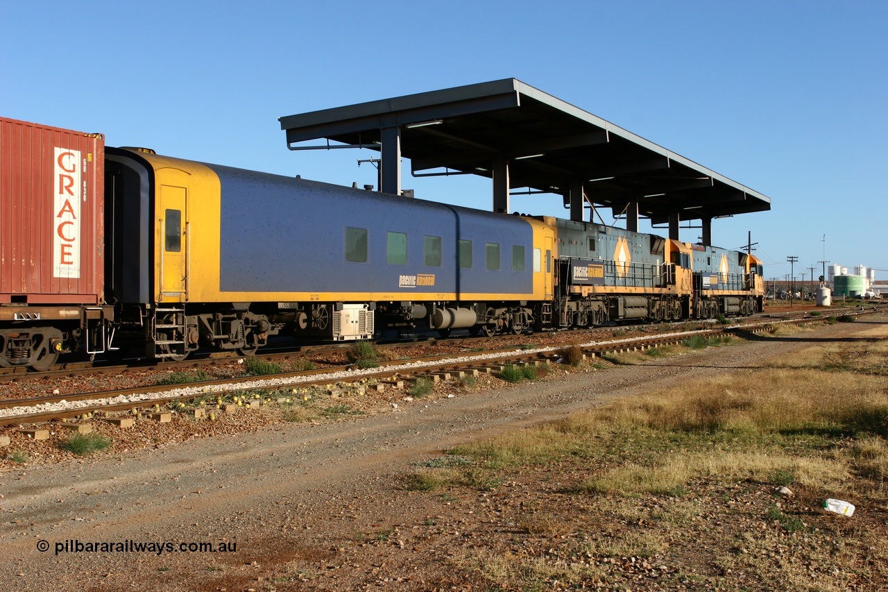060528 4152
Parkeston, Pacific National BRS type crew accommodation coach BRS 221, originally built by Victorian Railways Newport Workshops in November 1940 as an AS type first class sitting car for the Spirit of Progress as AS 6, in April 1983 converted to a combined sitting accommodation and a mini refreshment service as BRS type BRS 1, then in September 1985 renumbered to BRS 221. Sold to West Coast Railway mid 1990s, converted to crew car after 2004.
Keywords: BRS-type;BRS221;Victorian-Railways-Newport-WS;AS-type;AS6;BRS-type;BRS1;