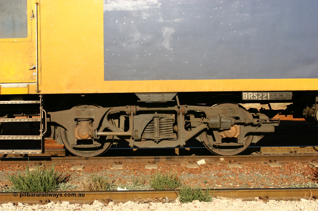 060528 4153
Parkeston, bogie detail of Pacific National BRS type crew accommodation coach BRS 221, originally built by Victorian Railways Newport Workshops in November 1940 as an AS type first class sitting car for the Spirit of Progress as AS 6, in April 1983 converted to a combined sitting accommodation and a mini refreshment service as BRS type BRS 1, then in September 1985 renumbered to BRS 221. Sold to West Coast Railway mid 1990s, converted to crew car after 2004.
Keywords: BRS-type;BRS221;Victorian-Railways-Newport-WS;AS-type;AS6;BRS-type;BRS1;