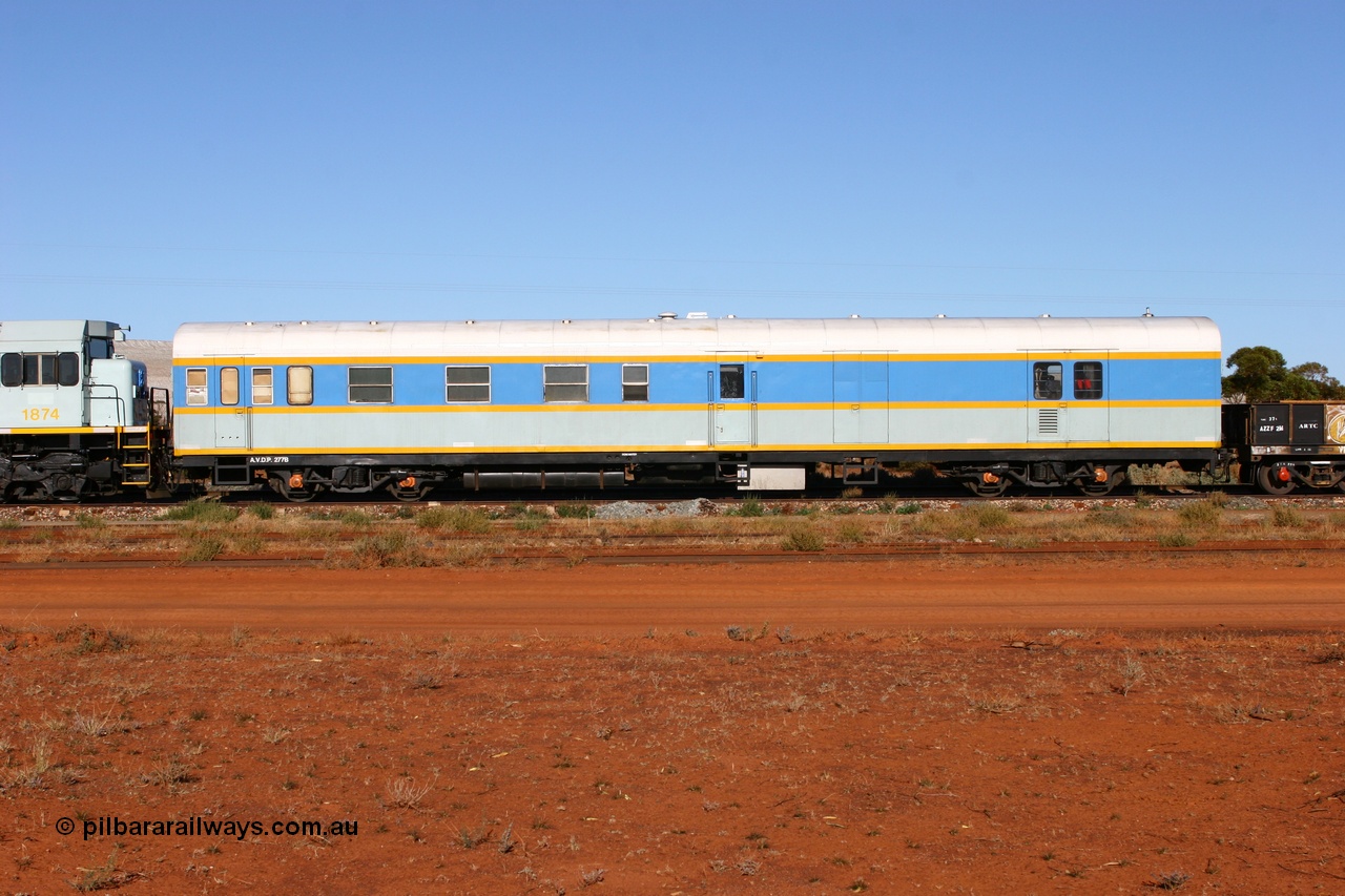 060528 4191
Parkeston, South Spur Rail AVDP type crew accommodation coach AVDP 277, built for the Commonwealth Railways by Comeng NSW as a brake van with sleeping accommodation as HRD type HRD 277 in 1971, modified for relay working in 1977, recoded to AVDY in 1983, then in 2002 leased for MurrayLander service before being sold to South Spur Rail and in this livery from mid 2005.
Keywords: AVDP-type;AVDP277;Comeng-NSW;HRD-type;HRD277;AVDY-type;