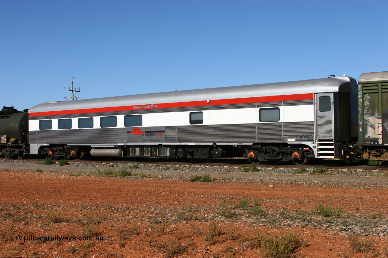060528 4255
Parkeston, SCT PDAY type crew accommodation car PDAY 001 'Robert Mervin Yates', built by SAR Islington Workshops as a 250 type Bluebird second class railcar number 253 and named 'Pelican' in 1955, written off in 1995 and sold and eventually converted to a crew car by Bluebird Rail Services in 2005.
Keywords: PDAY-type;PDAY001;SAR-Islington-WS;Bluebird;250-type;