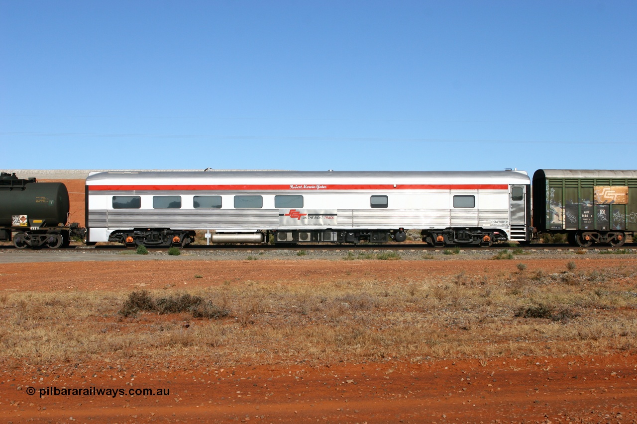 060528 4257
Parkeston, SCT PDAY type crew accommodation car PDAY 001 'Robert Mervin Yates', built by SAR Islington Workshops as a 250 type Bluebird second class railcar number 253 and named 'Pelican' in 1955, written off in 1995 and sold and eventually converted to a crew car by Bluebird Rail Services in 2005.
Keywords: PDAY-type;PDAY001;SAR-Islington-WS;Bluebird;250-type;