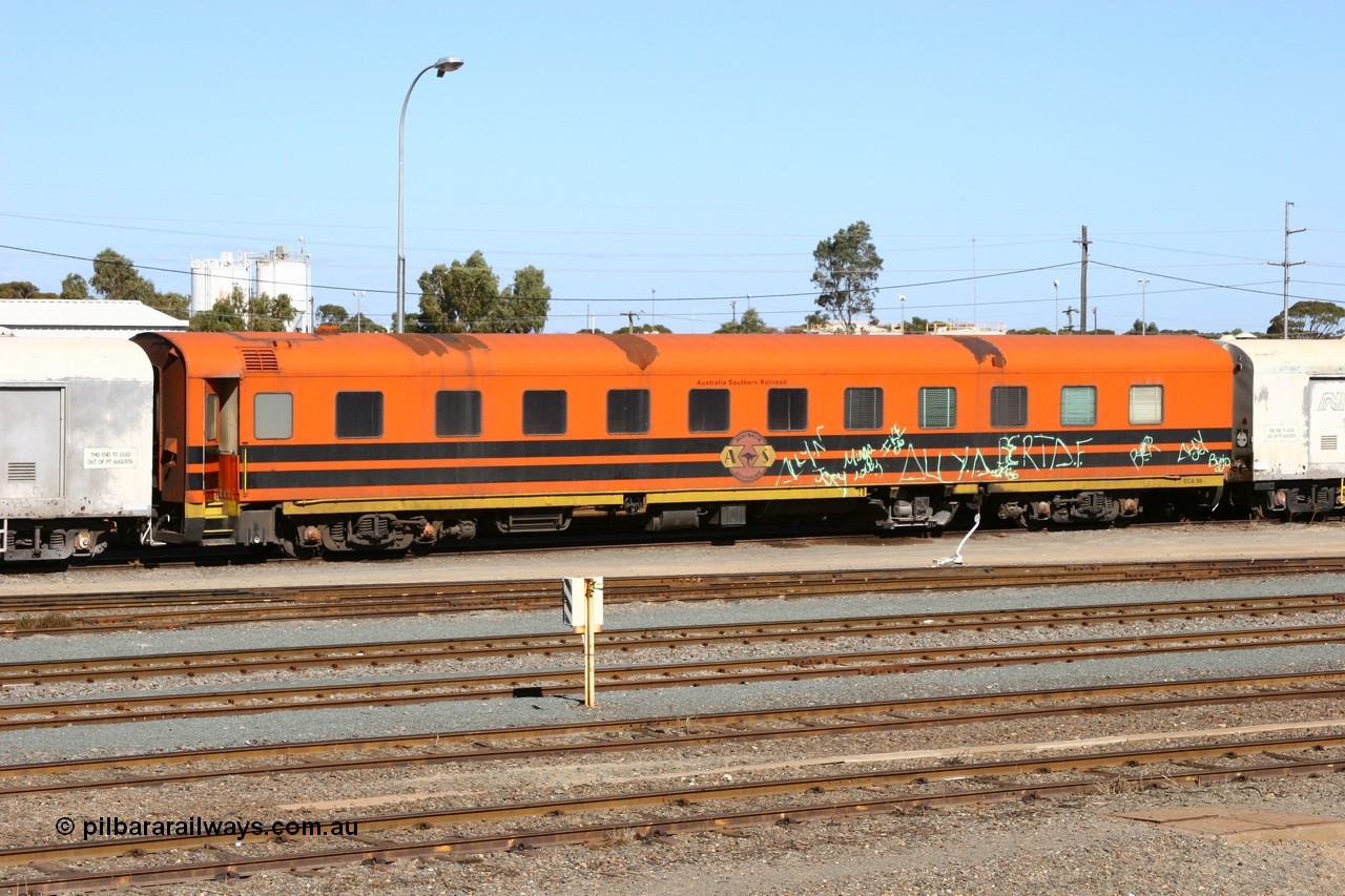 060528 4442
West Kalgoorlie, Australian Southern Railroad ECA type crew accommodation car ECA 98, originally built for the Commonwealth Railways by Wegmann & Co. in West Germany in 1955 as the ARF type first class air conditioned sleeper with rounded observation end ARF 98, rebuilt and recoded in 1972 without the observation end as BB type BB 98. Converted to a crew car in 1991.
Keywords: ECA-type;ECA98;Wegmann-&-Co-West-Germany;ARF-type;ARF98;BB-type;BB98;