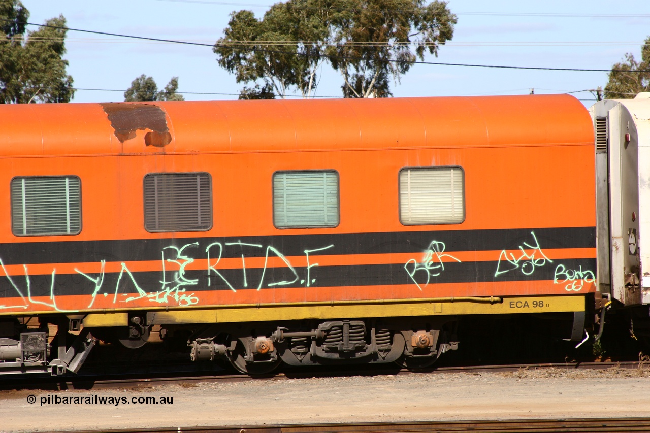 060528 4446
West Kalgoorlie, Australian Southern Railroad ECA type crew accommodation car ECA 98, originally built for the Commonwealth Railways by Wegmann & Co. in West Germany in 1955 as the ARF type first class air conditioned sleeper with rounded observation end ARF 98, rebuilt and recoded in 1972 without the observation end as BB type BB 98. Converted to a crew car in 1991.
Keywords: ECA-type;ECA98;Wegmann-&-Co-West-Germany;ARF-type;ARF98;BB-type;BB98;