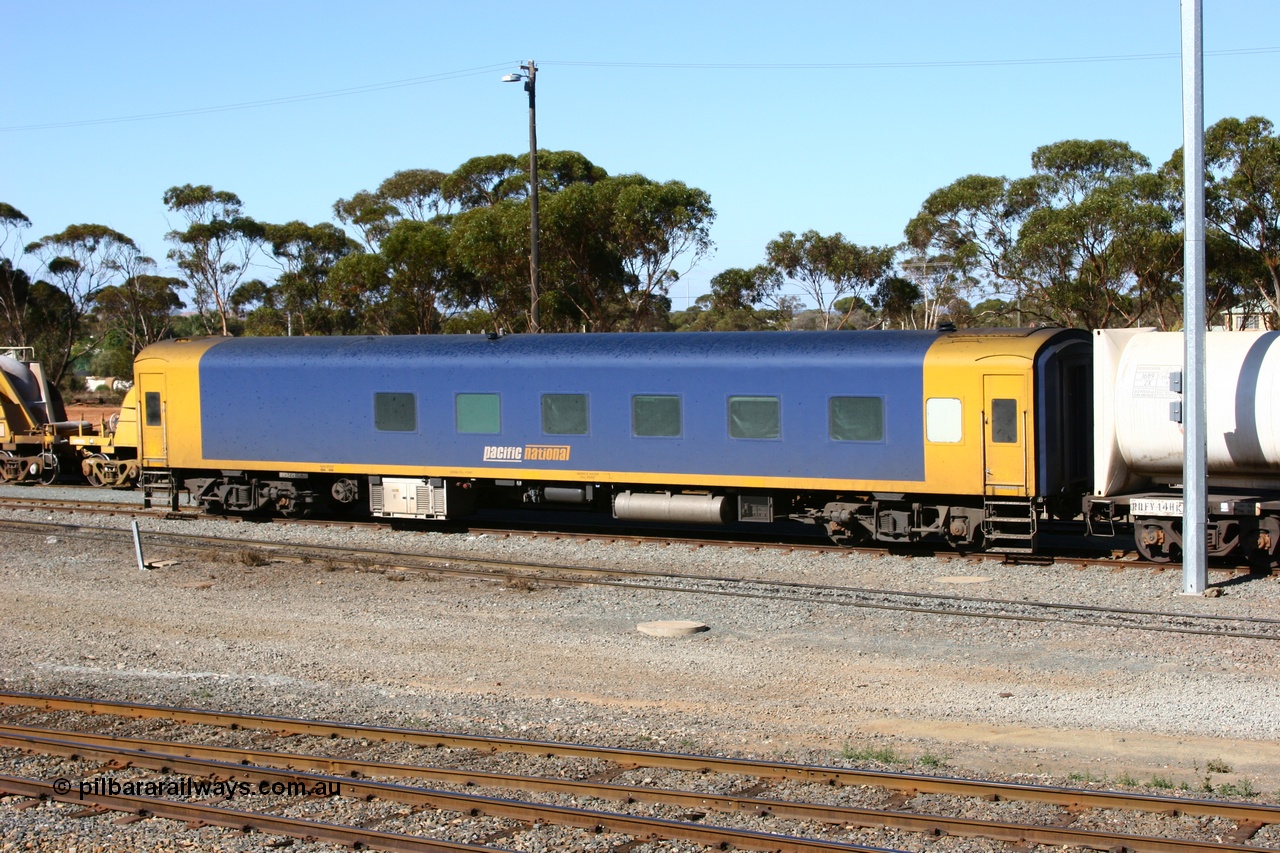 060528 4517
West Kalgoorlie, Pacific National BRS type crew accommodation coach BRS 221, originally built by Victorian Railways Newport Workshops in November 1940 as an AS type first class sitting car for the Spirit of Progress as AS 6, in April 1983 converted to a combined sitting accommodation and a mini refreshment service as BRS type BRS 1, then in September 1985 renumbered to BRS 221. Sold to West Coast Railway mid 1990s, converted to crew car after 2004.
Keywords: BRS-type;BRS221;Victorian-Railways-Newport-WS;AS-type;AS6;BRS-type;BRS1;