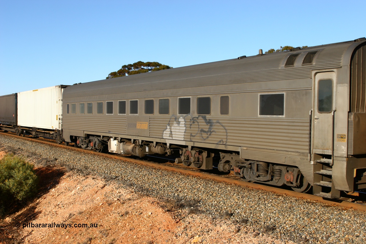 060528 4629
Binduli, Pacific National RZBY type crew accommodation car RZBY 911 on train 7SP5, built by Comeng NSW as ER type stainless steel air conditioned crew dormitory car ER 211 in 1969, renumbered to ER 911 in 1974, sold to National Rail and converted to crew car in 1997.
Keywords: RZBY-type;RZBY911;Comeng-NSW;ER-type;ER211;ER911;