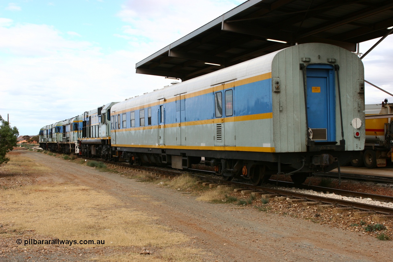060529 4719
Parkeston, South Spur Rail AVDP type crew accommodation coach AVDP 277, built for the Commonwealth Railways by Comeng NSW as a brake van with sleeping accommodation as HRD type HRD 277 in 1971, modified for relay working in 1977, recoded to AVDY in 1983, then in 2002 leased for MurrayLander service before being sold to South Spur Rail and in this livery from mid 2005.
Keywords: AVDP-type;AVDP277;Comeng-NSW;HRD-type;HRD277;AVDY-type;
