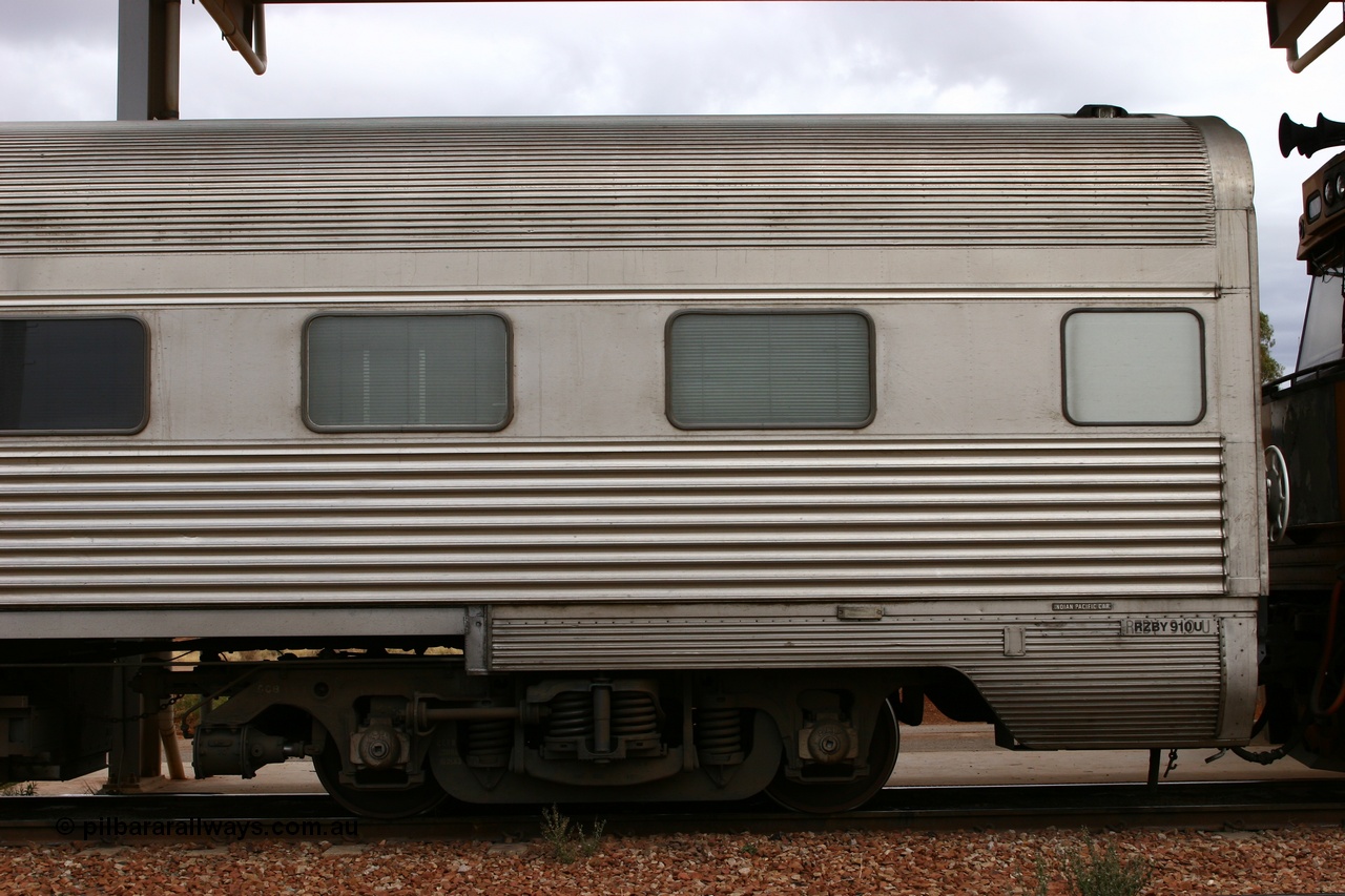 060529 4735
Parkeston, Pacific National RZBY type crew accommodation car RZBY 910 on train 6WP2, built by Comeng NSW as ER type stainless steel air conditioned crew dormitory car ER 210 in 1969, renumbered to ER 911 in 1974, sold to National Rail and converted to crew car in 1997.
Keywords: RZBY-type;RZBY910;Comeng-NSW;ER-type;ER210;ER910;