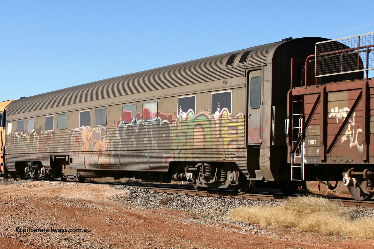 060530 4893
Parkeston, Pacific National RZAY type crew accommodation car RZAY 940 on train 2PM6 was built by Comeng NSW as an ARJ type stainless steel air conditioned first class roomette sleeping car ARJ 240 in 1968, allocated to the Indian Pacific Joint Stock in 1970, renumbered to ARJ 940 in 1974 and sold to National Rail and converted to crew car in 1997.
Keywords: RZAY-type;RZAY940;Comeng-NSW;ARJ-type;ARJ240;ARJ940;