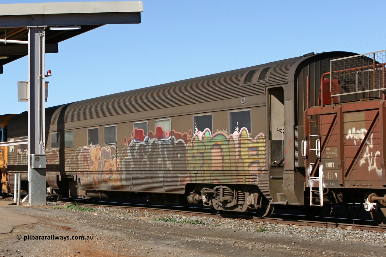 060530 4897
Parkeston, Pacific National RZAY type crew accommodation car RZAY 940 on train 2PM6 was built by Comeng NSW as an ARJ type stainless steel air conditioned first class roomette sleeping car ARJ 240 in 1968, allocated to the Indian Pacific Joint Stock in 1970, renumbered to ARJ 940 in 1974 and sold to National Rail and converted to crew car in 1997.
Keywords: RZAY-type;RZAY940;Comeng-NSW;ARJ-type;ARJ240;ARJ940;