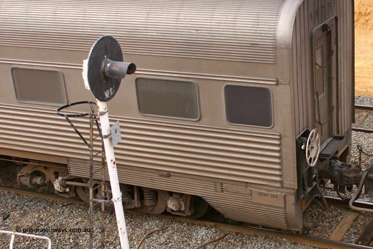 060601 5093
Parkeston, Pacific National RZAY type crew accommodation car RZAY 283 on train 4PM6 was built by Comeng NSW as an ARJ type stainless steel air conditioned first class roomette sleeping car ARJ 283 in 1972, sold to National Rail and converted to a crew car in 1997. Destroyed at the Jumperkine collision in December 2019.
Keywords: RZAY-type;RZAY283;Comeng-NSW;ARJ-type;ARJ283;