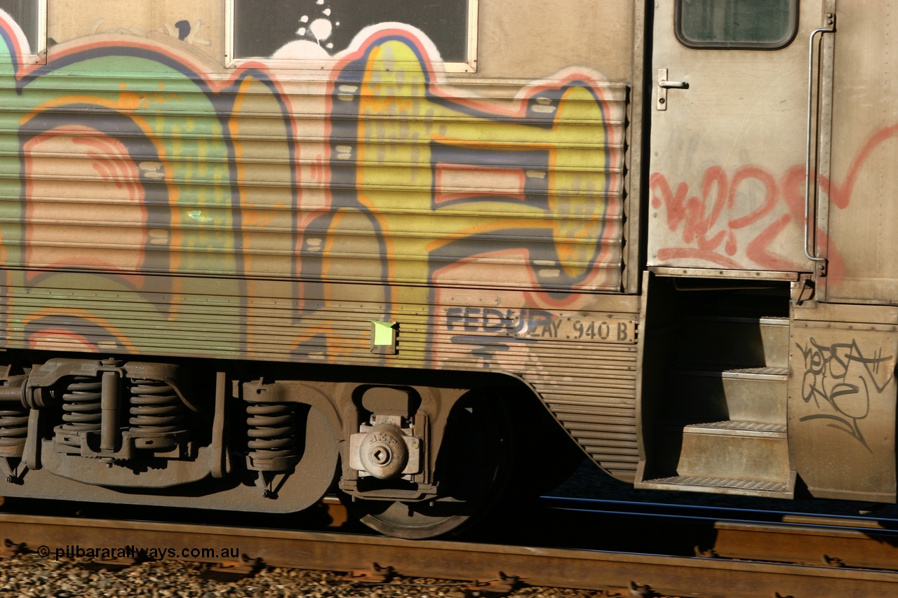 060608 5883
Midland, Pacific National RZAY type crew accommodation car RZAY 940 was built by Comeng NSW as an ARJ type stainless steel air conditioned first class roomette sleeping car ARJ 240 in 1968, allocated to the Indian Pacific Joint Stock in 1970, renumbered to ARJ 940 in 1974 and sold to National Rail and converted to crew car in 1997.
Keywords: RZAY-type;RZAY940;Comeng-NSW;ARJ-type;ARJ240;ARJ940;