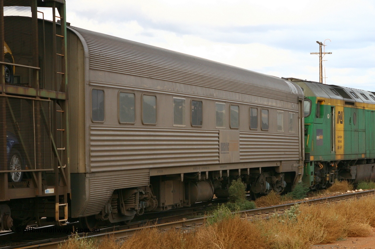 070526 9097
Parkeston, Pacific National RZAY type crew accommodation coach RZAY 944 on train 6PM6 originally built by Comeng NSW in 1969 as a stainless steel air conditioned first class roomette sleeping car, renumbered to 944 for Indian Pacific service, sold to National Rail Corporation in 1997 and converted to a crew coach.
Keywords: RZAY-type;RZAY944;Comeng-NSW;ARJ-type;ARJ244;ARJ944;