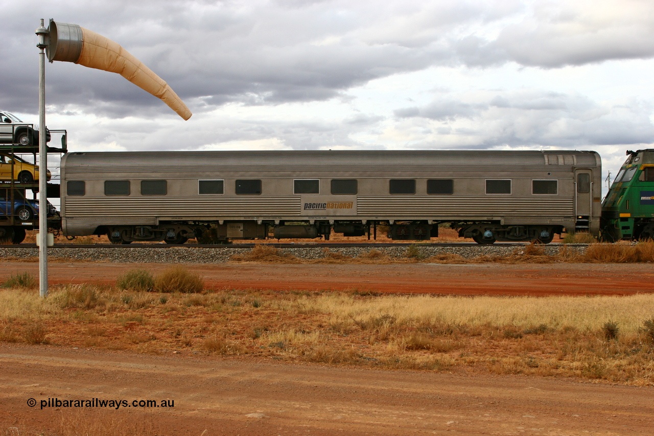 070526 9120
Parkeston, Pacific National RZAY type crew accommodation coach RZAY 944 on train 6PM6 originally built by Comeng NSW in 1969 as a stainless steel air conditioned first class roomette sleeping car, renumbered to 944 for Indian Pacific service, sold to National Rail Corporation in 1997 and converted to a crew coach.
Keywords: RZAY-type;RZAY944;Comeng-NSW;ARJ-type;ARJ244;ARJ944;
