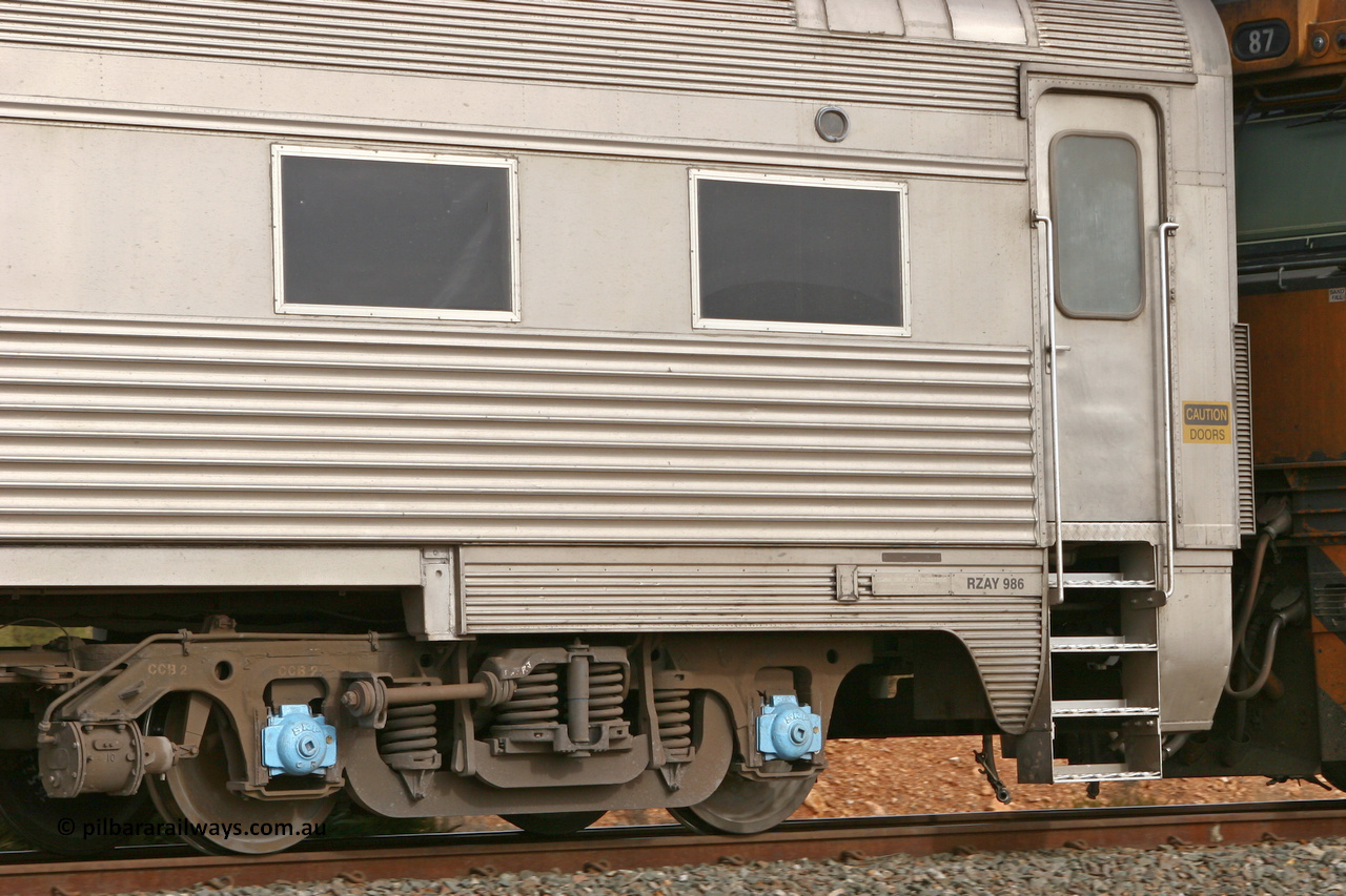 070527 9237
Parkeston, Pacific National RZAY type crew accommodation coach RZAY 986 on train 6SP6 originally built by Comeng NSW in 1972 as a stainless steel air conditioned first class roomette sleeping car, renumbered to 986 for Indian Pacific service, sold to National Rail Corporation in 1997 and converted to a crew car.
Keywords: RZAY-type;RZAY986;Comeng-NSW;ARJ-type;ARJ286;ARJ986;