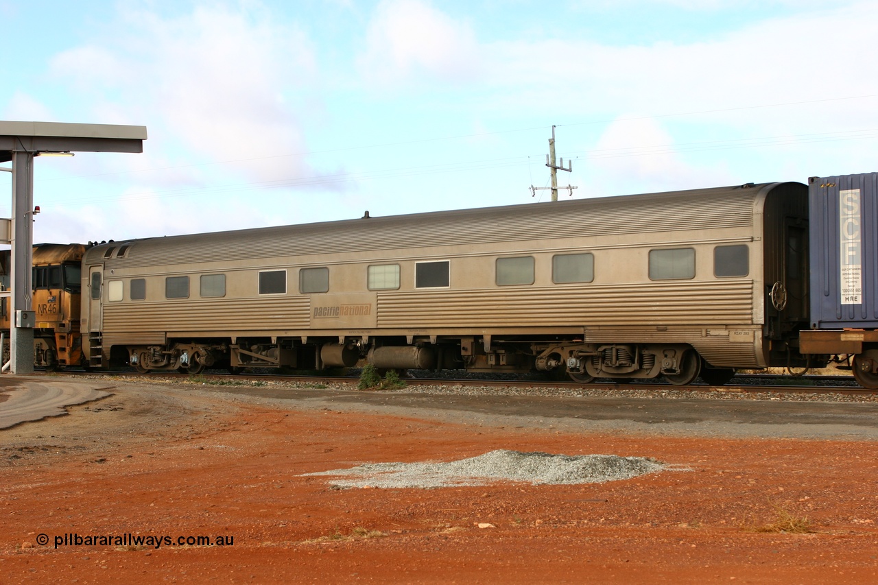 070528 9270
Parkeston, Pacific National RZAY type crew accommodation car RZAY 283 on train 4PM6 was built by Comeng NSW as an ARJ type stainless steel air conditioned first class roomette sleeping car ARJ 283 in 1972, sold to National Rail and converted to a crew car in 1997. Destroyed at the Jumperkine collision in December 2019.
Keywords: RZAY-type;RZAY283;Comeng-NSW;ARJ-type;ARJ283;