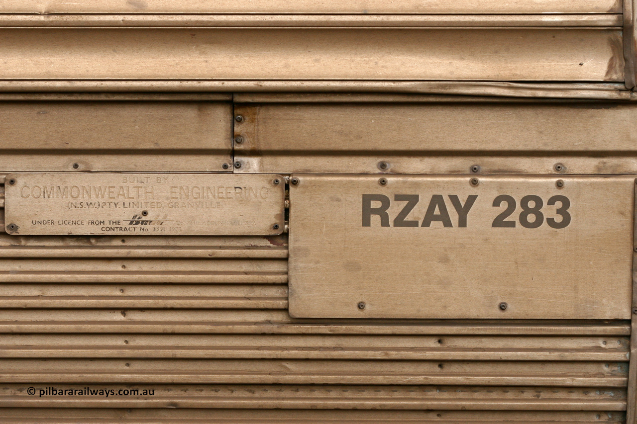 070528 9280
Parkeston, Pacific National RZAY type crew accommodation car RZAY 283 on train 4PM6 was built by Comeng NSW as an ARJ type stainless steel air conditioned first class roomette sleeping car ARJ 283 in 1972, sold to National Rail and converted to a crew car in 1997. Destroyed at the Jumperkine collision in December 2019.
Keywords: RZAY-type;RZAY283;Comeng-NSW;ARJ-type;ARJ283;