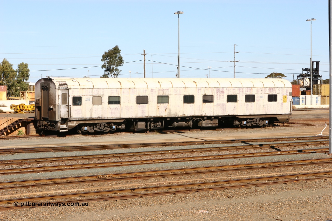 070529 9391
West Kalgoorlie, ECA 162 built by Comeng NSW in 1964 for Commonwealth Railways as a BRE type second class, air conditioned, twin berth staggered corridor steel sleeping car BRE 162. Converted to ECA type crew car in 1991. Seen here under GWA ownership. Finally it was scrapped at Dry Creek in December 2014.
Keywords: ECA-type;ECA162;Comeng-NSW;BRE-type;BRE162;