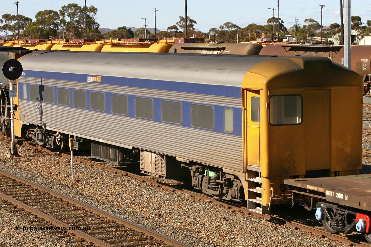 070529 9422
West Kalgoorlie; Pacific National RZDY type crew accommodation car RZDY 106 'Bittern' on train 3PW originally built by SAR Islington Workshops as a Bluebird railcar driving trailer in 1958 named 'Britten', in 1986 numbered 106, in 1990 converted to locomotive hauled and coded as BR type BR 106, written off in 1995 and sold off. In 1998 it was numbered 812. It was owned by a number of owners and then CFCLA. In 2006 converted to a Pacific National crew car.
Keywords: RZDY-type;RZDY106;SAR-Islington-WS;Bluebird;106;BR106;812;