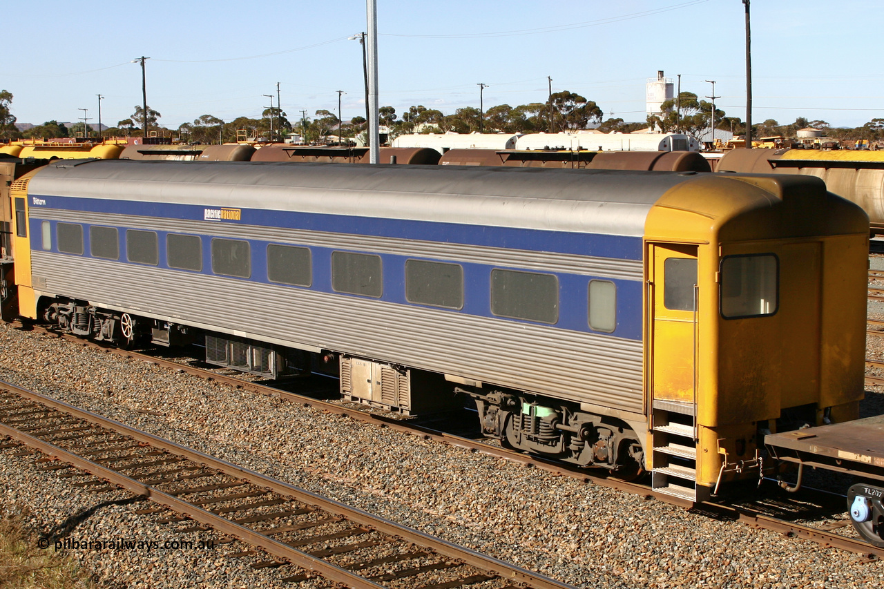070529 9423
West Kalgoorlie; Pacific National RZDY type crew accommodation car RZDY 106 'Bittern' on train 3PW originally built by SAR Islington Workshops as a Bluebird railcar driving trailer in 1958 named 'Britten', in 1986 numbered 106, in 1990 converted to locomotive hauled and coded as BR type BR 106, written off in 1995 and sold off. In 1998 it was numbered 812. It was owned by a number of owners and then CFCLA. In 2006 converted to a Pacific National crew car.
Keywords: RZDY-type;RZDY106;SAR-Islington-WS;Bluebird;106;BR106;812;