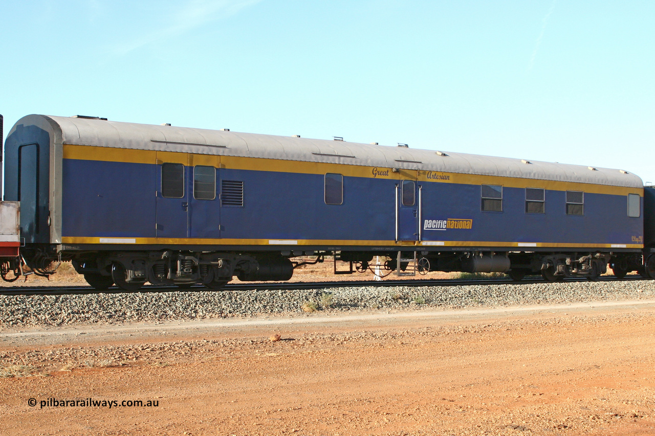 070529 9484
Parkeston, SCT VPAY type crew accommodation car VPAY 2 'Great Artesian' on train 2PM9, built by Tulloch Ltd NSW in 1968 as a narrow gauge brake van with sleeping accommodation as NHRD type NHRD 79, converted to standard gauge in 1981 and coded HRD type HRD 361. Recoded to AVDY in October 1982, then to AVDP. Sold to WCR, then in October 2000 overhauled for crew car use and coded VPAY 1 on SCT services and owned by Freight Australia. Was later sold to Pacific National and subsequently scrapped 2016.
Keywords: VPAY-type;VPAY2;Tulloch-Ltd-NSW;NHRD-type;NHRD79;HRD-type;HRD361;AVDY-type;AVDP-type;