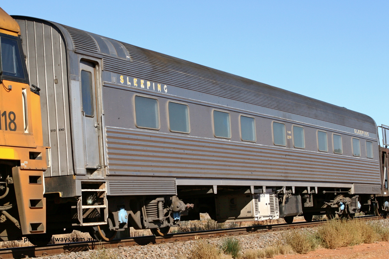 070530 9520
Parkeston, Pacific National FAM type crew accommodation coach FAM 2389 on train 3PM6, built for the NSWGR by Comeng NSW in 1976 as part of a batch of ten FAM type twinette sleeper cars, FAM 2389 was also the Lithgow breakdown train accommodation car for a time, converted to a crew car by Bluebird Rail at Islington in September 2005.
Keywords: FAM-type;FAM2389;Comeng-NSW;