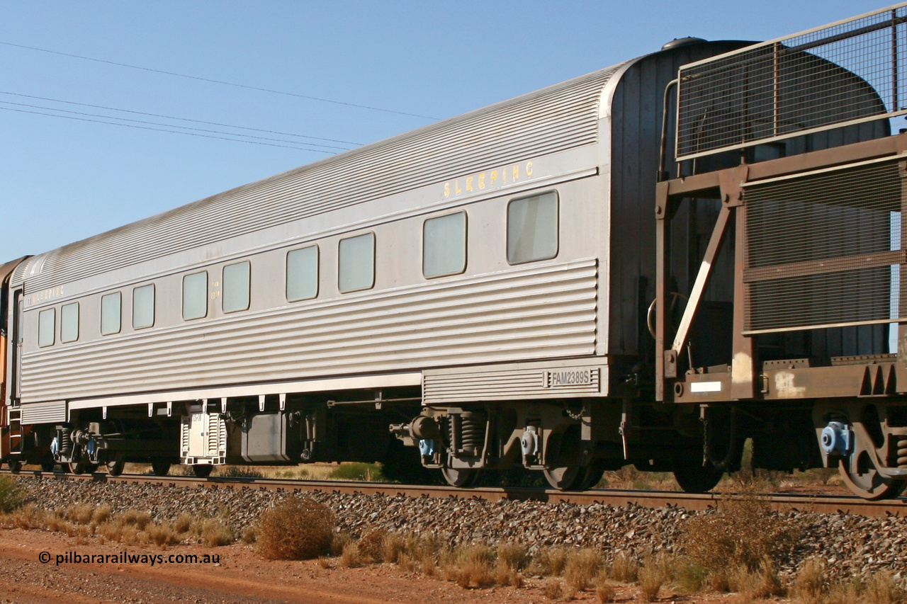070530 9521
Parkeston, Pacific National FAM type crew accommodation coach FAM 2389 on train 3PM6, built for the NSWGR by Comeng NSW in 1976 as part of a batch of ten FAM type twinette sleeper cars, FAM 2389 was also the Lithgow breakdown train accommodation car for a time, converted to a crew car by Bluebird Rail at Islington in September 2005.
Keywords: FAM-type;FAM2389;Comeng-NSW;