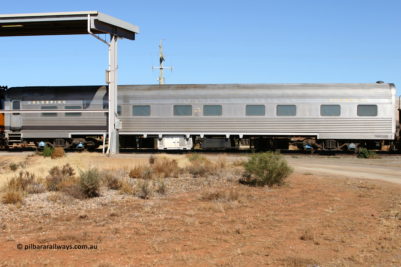070530 9546
Parkeston, Pacific National FAM type crew accommodation coach FAM 2389 on train 3PM6, built for the NSWGR by Comeng NSW in 1976 as part of a batch of ten FAM type twinette sleeper cars, FAM 2389 was also the Lithgow breakdown train accommodation car for a time, converted to a crew car by Bluebird Rail at Islington in September 2005.
Keywords: FAM-type;FAM2389;Comeng-NSW;