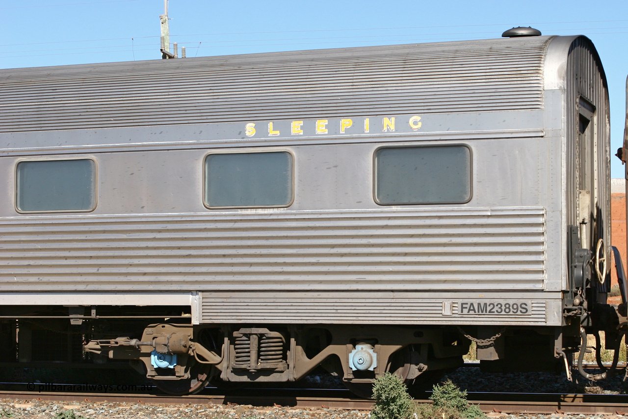 070530 9547
Parkeston, Pacific National FAM type crew accommodation coach FAM 2389 on train 3PM6, built for the NSWGR by Comeng NSW in 1976 as part of a batch of ten FAM type twinette sleeper cars, FAM 2389 was also the Lithgow breakdown train accommodation car for a time, converted to a crew car by Bluebird Rail at Islington in September 2005.
Keywords: FAM-type;FAM2389;Comeng-NSW;
