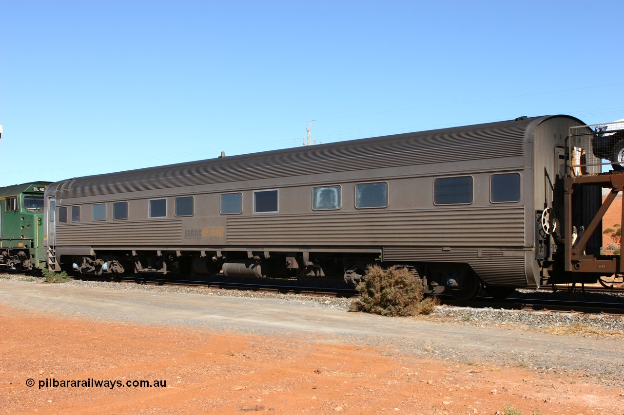 070531 9709
Parkeston, Pacific National RZAY type crew accommodation car RZAY 985 on train 4PM6 was built by Comeng NSW as an ARJ type stainless steel air conditioned first class roomette sleeping car ARJ 285 in 1972. Allocated to the Indian Pacific Joint Stock in 1974 and renumbered to ARJ 985, sold to National Rail and converted to crew car in 1997 by AN Port Augusta Workshops.
Keywords: RZAY-type;RZAY985;Comeng-NSW;ARJ-type;ARJ285;