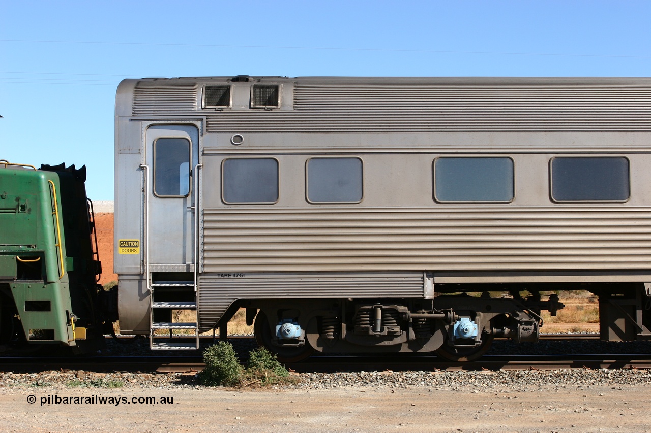 070531 9710
Parkeston, Pacific National RZAY type crew accommodation car RZAY 985 on train 4PM6 was built by Comeng NSW as an ARJ type stainless steel air conditioned first class roomette sleeping car ARJ 285 in 1972. Allocated to the Indian Pacific Joint Stock in 1974 and renumbered to ARJ 985, sold to National Rail and converted to crew car in 1997 by AN Port Augusta Workshops.
Keywords: RZAY-type;RZAY985;Comeng-NSW;ARJ-type;ARJ285;